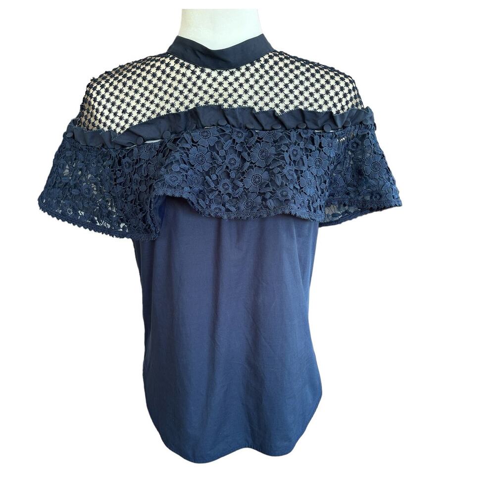 Self-Portrait Top Womens Size 6 Navy Blue Hudson Poplin Lace 100% Cotton NWT